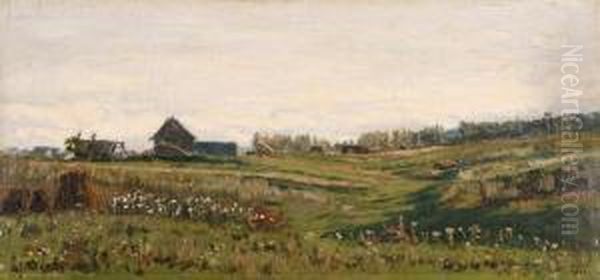 Summer Meadows By The Village Oil Painting by Josif Evstaf'Evic Krackovskij