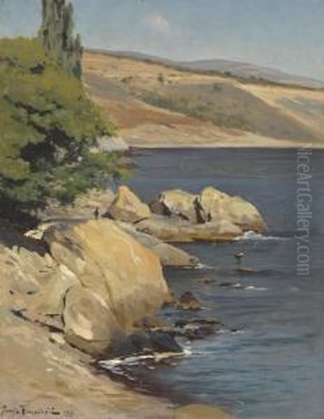 A Rocky Shore, Crimea Oil Painting by Josif Evstaf'Evic Krackovskij