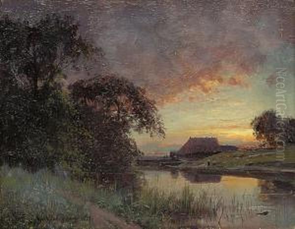 Dusk On The River Oil Painting by Josif Evstaf'Evic Krackovskij