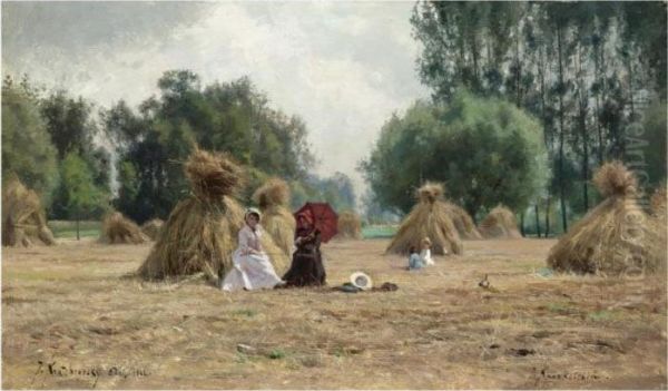 In The Hay Field Oil Painting by Josif Evstaf'Evic Krackovskij