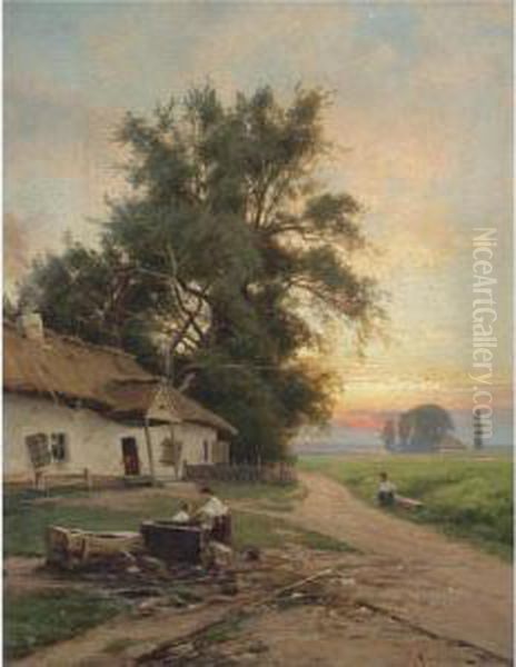 At The Well Oil Painting by Josif Evstaf'Evic Krackovskij