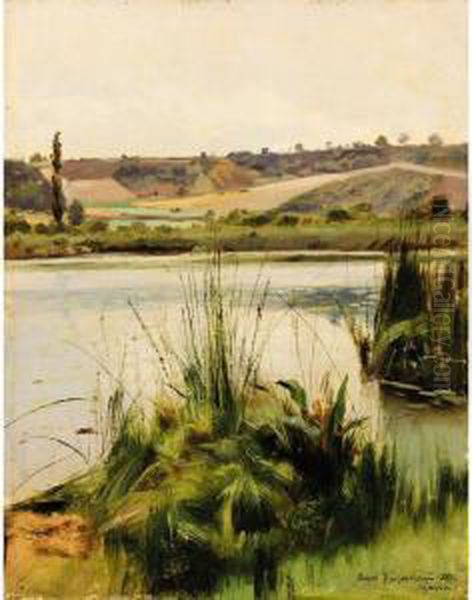 Reeds By The River Oil Painting by Josif Evstaf'Evic Krackovskij