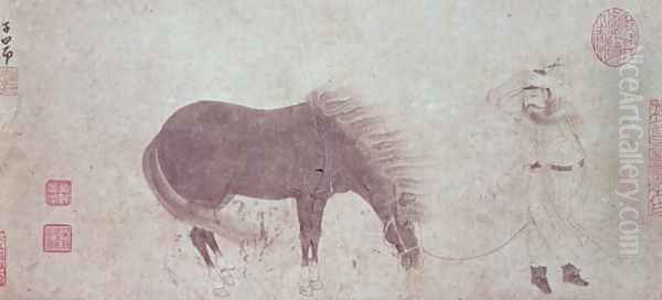 Horse and Groom in Winter Oil Painting by Meng-Fu Chao (Zhao Mengfu)