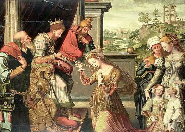 Esther before King Ahasuerus with Haman being sent to the Gallows beyond, 1577 Oil Painting by (studio of) Claeissens, Anthuenis (1536-1613)