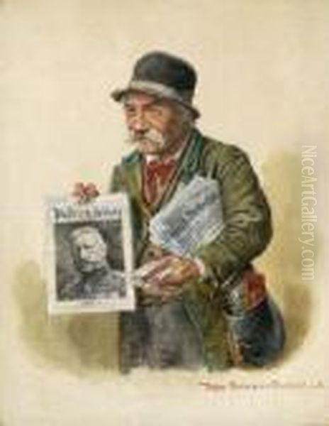 Zeitungsverkaufer. Oil Painting by Peter I Kramer