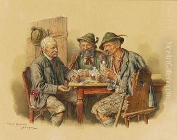 Drei Bauern Beim Kartenspiel. Oil Painting by Peter I Kramer