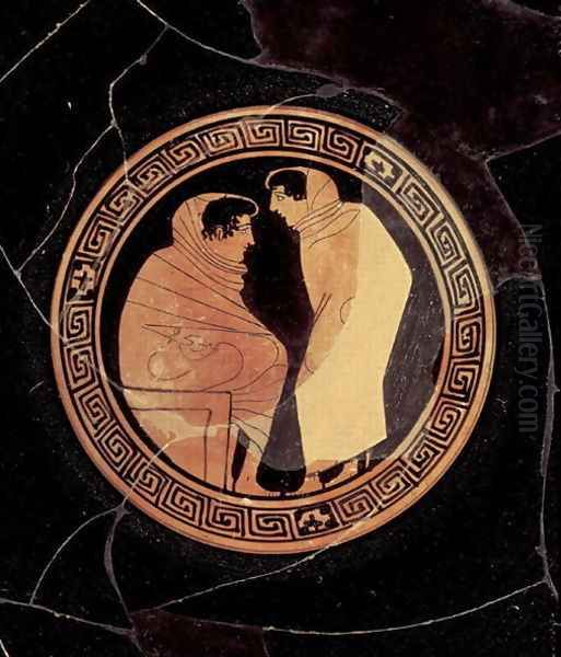 Attic red-figure kylix depicting a conversation between to male figures, c.450 BC Oil Painting by Circle of the Penthesilia Painter