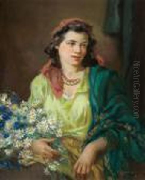 Girl With Flowers Oil Painting by Marcel Krasicky