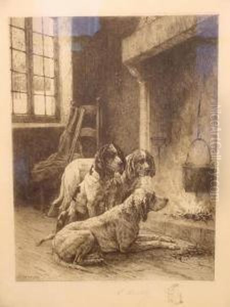 Hounds Before The Fire Oil Painting by Charles Louis Kratke