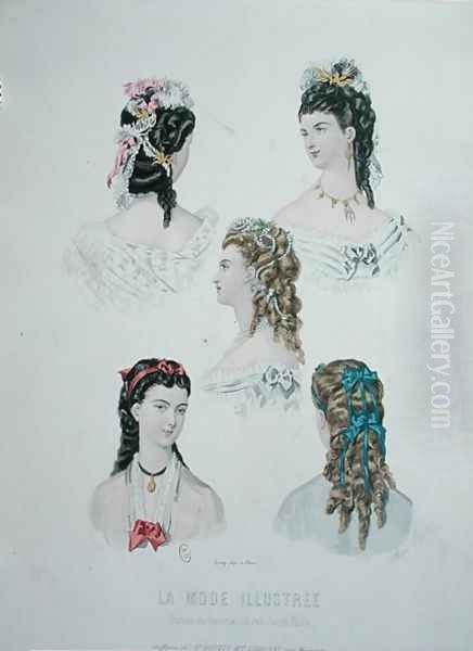 Hairstyles with ribbons, illustration from 'La Mode Illustree', 1872 Oil Painting by Anais Codouze