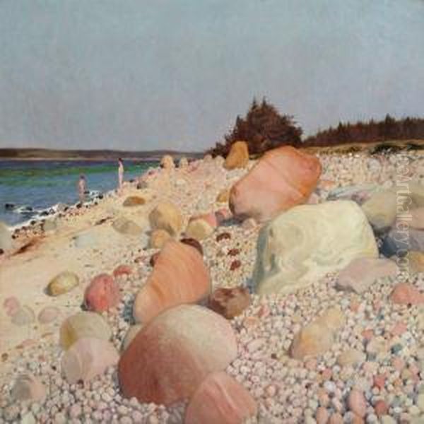 Coast With Bathing Child And Woman Oil Painting by Fritz Kraul