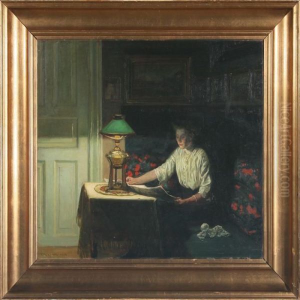 Interior Af Laesende Dame Oil Painting by Fritz Kraul