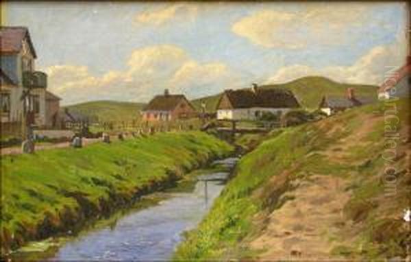 River Running Through The Village Oil Painting by Fritz Kraul