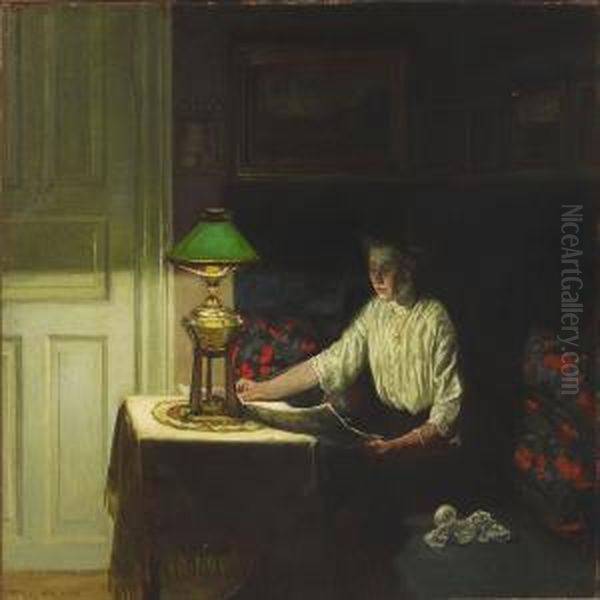 Interior With Woman Readingby The Lamp Light Oil Painting by Fritz Kraul