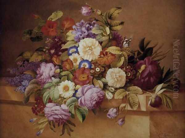 Roses, Convolvuli and other Flowers on a Ledge Oil Painting by Alexandre Couronne