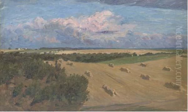 Hay Stooks In A Summer Landscape Oil Painting by Fritz Kraul