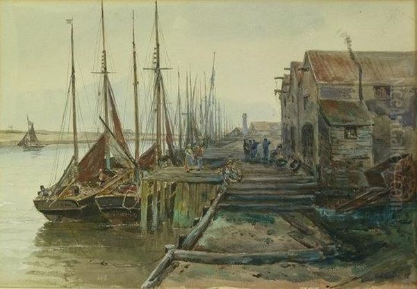 Fishing Boats By A Dock Oil Painting by Emil Axel Krause