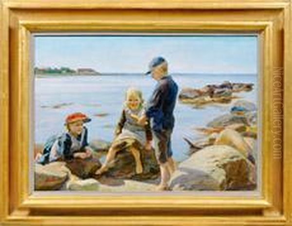 Spielende Kinder Mitmodellboot Am Sommerlichen Strand Oil Painting by Emil Axel Krause