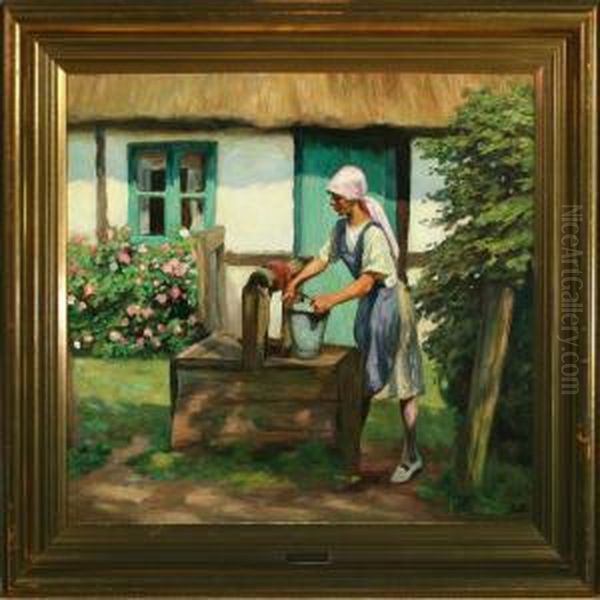 Girl Fetching Water On A Summerday Oil Painting by Emil Axel Krause