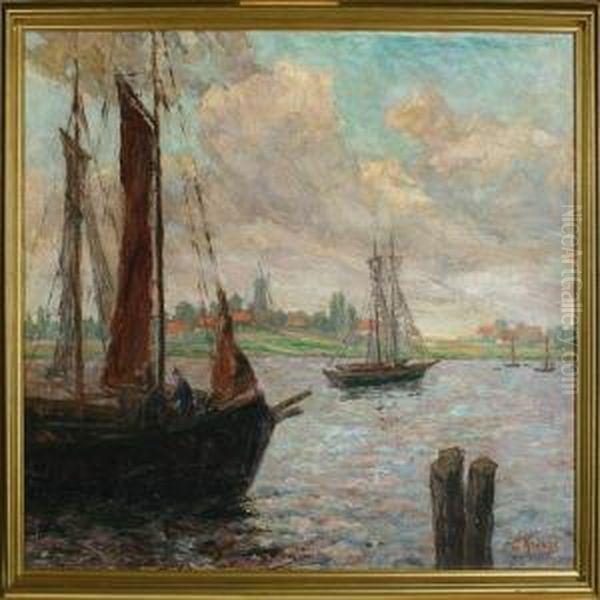 Scenery With Sailboats Oil Painting by Emil Axel Krause