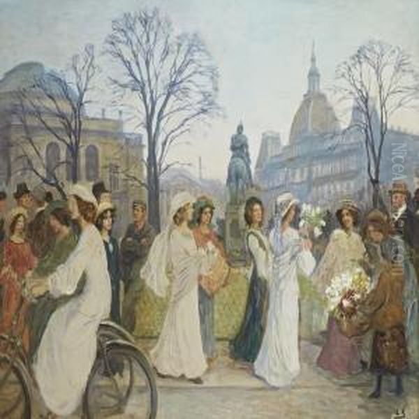 Young Girls Parading Theirspring Gowns On Kongens Nytorv In Copenhagen Oil Painting by Emil Axel Krause