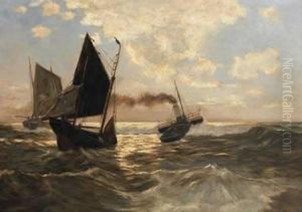 Morgendlichemarine Mit Segelbooten Und Dampfer Oil Painting by Emil Axel Krause