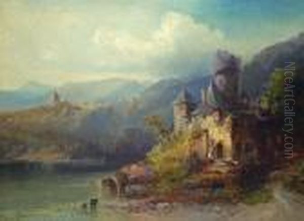 Gebirgslandschaft Mit See Und Burg Oil Painting by Franz Emil Krause