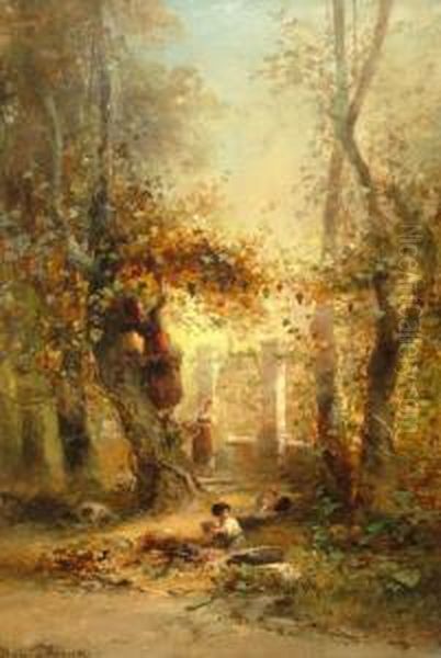 Figures In An Overgrown Ruin Oil Painting by Franz Emil Krause