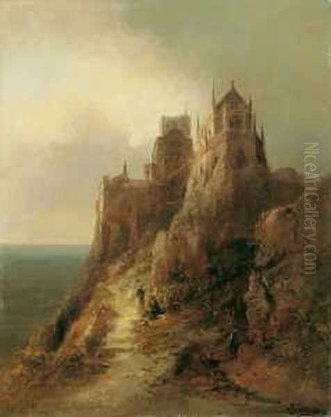 Eine Hoch Uber Dem Meeresstrand 
Gelegene Burg. Davor Ein Paar. Signiert Unten Rechts: F. Krause. Ol Auf 
Leinwand (doubliert). H 64; B 50 Cm. Oil Painting by Franz Emil Krause