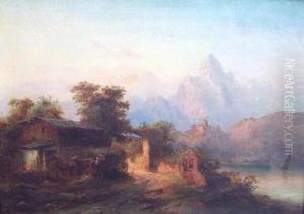 Flusslandschaft Mit Bergmassiv, Mit Reicher Tier-, Figuren- Und Schiffsstaffage Oil Painting by Franz Emil Krause