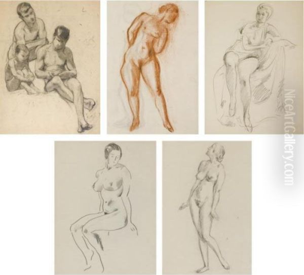 A Group Of Five Drawings Of Nudes Oil Painting by Aleksey Ilyich Kravchenko