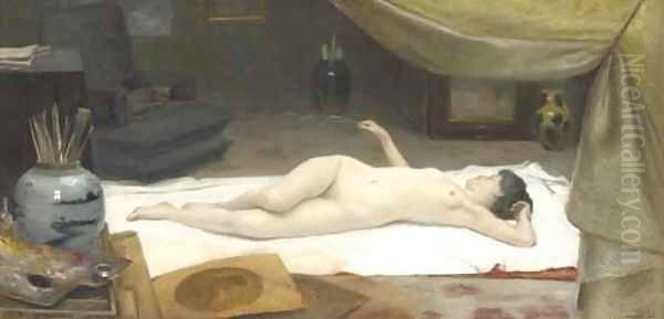 A Reclining Nude in a Studio Oil Painting by Christian Clausen