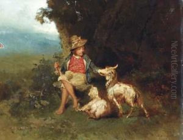 A Herder With A Goat And Kid In A Landscape Oil Painting by Wilhelm Kray