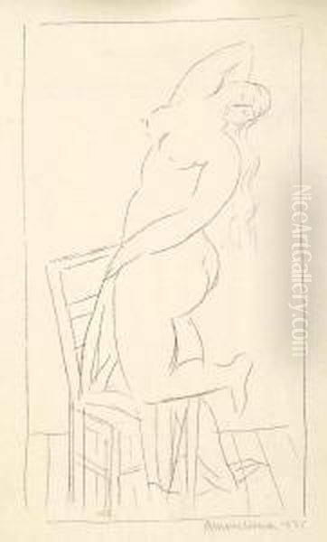 A Female Nude Kneeling On A Chair Oil Painting by Rudolf Kremlicka