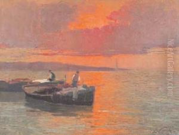 Pescatori Siciliani Al Tramonto Oil Painting by Erminio Kremp