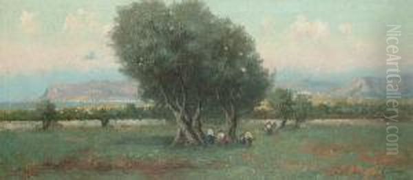 Figures In An Olive Grove, Near The Coast Oil Painting by Erminio Kremp