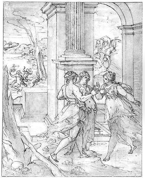 Three Women under a Portico, with Jupiter as a Swan flying towards Leda Oil Painting by Giovanni B. (Il Genvovese) Castello