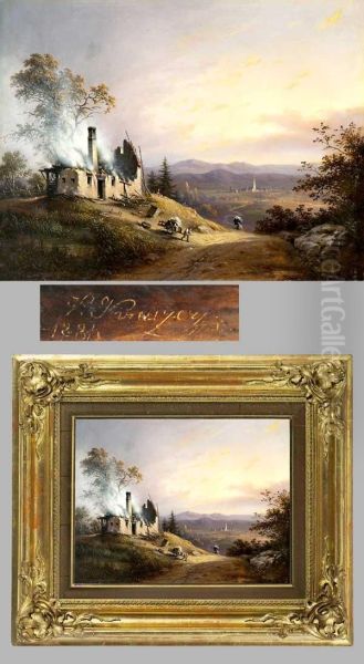 Weite Abendlandschaft Mit Brennendem Haus Oil Painting by Vincenz Kreuzer