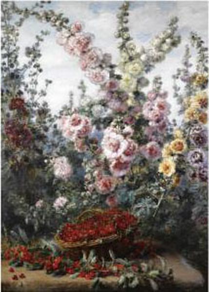 Roses, Hollyhocks And Cherries Oil Painting by Alexis Kreyder