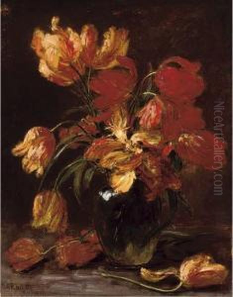 Parrot Tulips In A Glass Vase Oil Painting by Alexis Kreyder