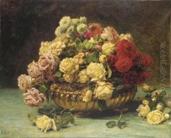 A Bouquet Of Roses In A Silver Monteith Oil Painting by Alexis Kreyder