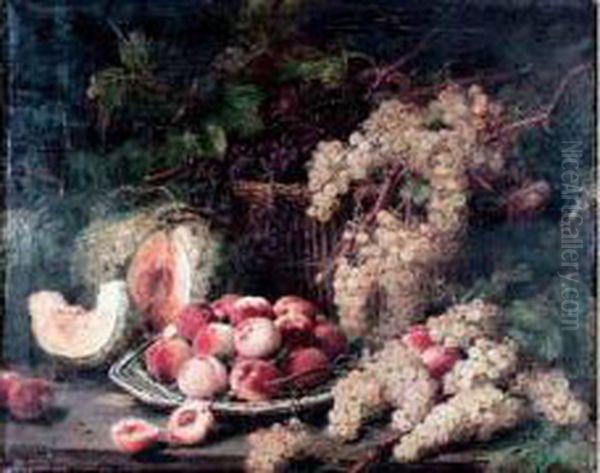 Corbeille De Raisins, Assiette De Peches Et Melon Oil Painting by Alexis Kreyder