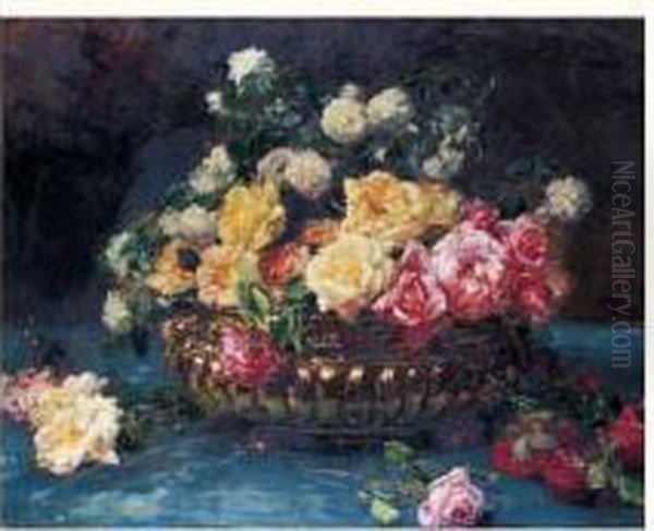 Roses Dans Un Bassin En Cuivre Oil Painting by Alexis Kreyder