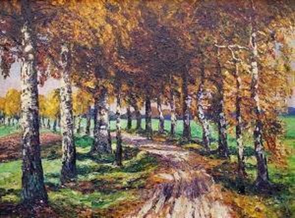 Birkenstrase Im Herbst Oil Painting by Hugo Kreyssig