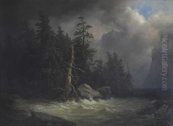 Gewitterstimmung Am Ufer Eines Gebirgssees. Oil Painting by Josef Kriehuber