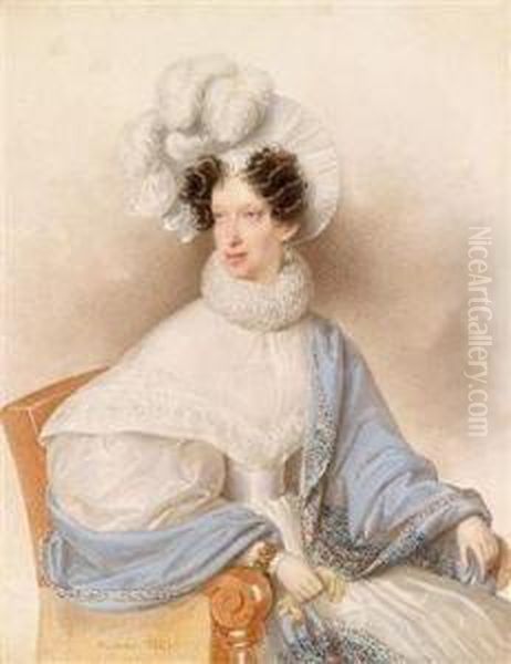 Bildnis Einer Dame In Weisemkleid Und Hellblauen Umhang Mit Federhut Oil Painting by Josef Kriehuber