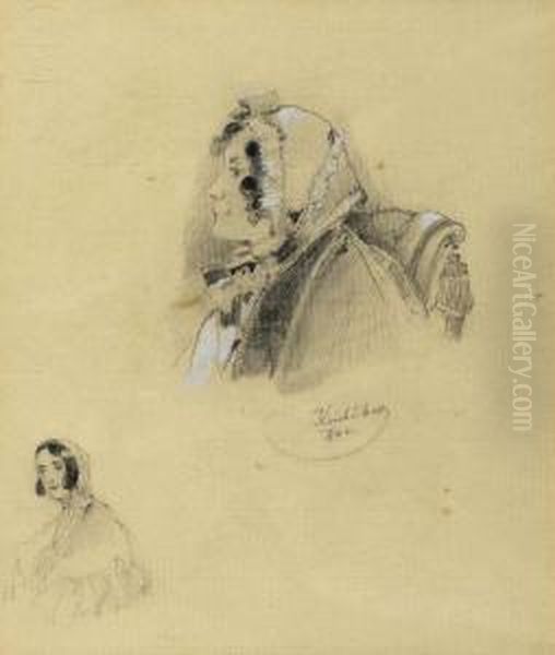 Two Female Portrait Studies On One Sheet, 1842. Oil Painting by Josef Kriehuber