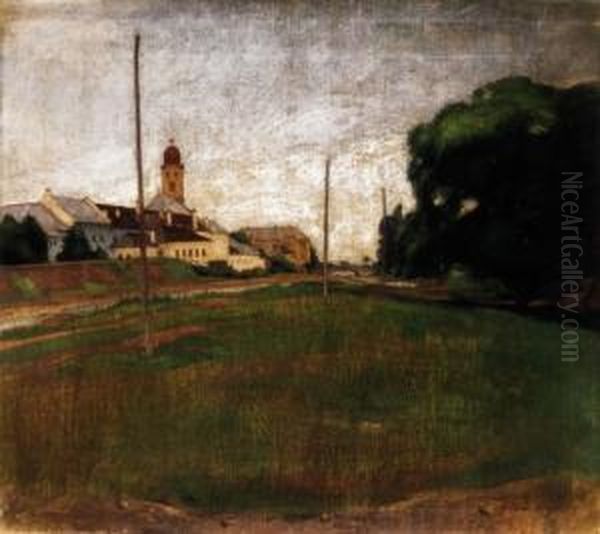 The Banks Of The Zazar In Nagybanya, With The Reformed Church In The Background Oil Painting by Janos Krizsan