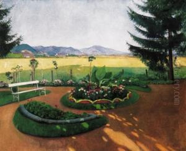 Shadowy Park With The Sunlit View Of Nagybanya In The Background Oil Painting by Janos Krizsan