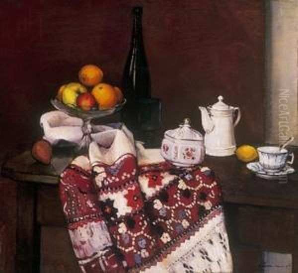 Still Life With Table-cloth And Porcelain Oil Painting by Janos Krizsan